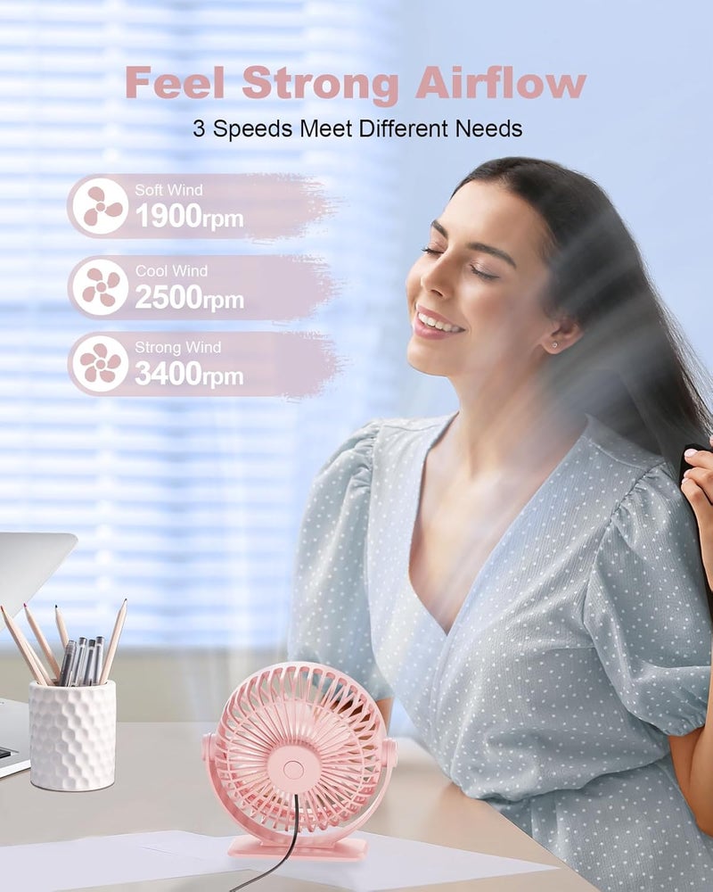 TriPole USB Desk Fan Mini Portable Personal Fan, 3 Speeds Adjustable Strong Breeze Small Electric Fan, 360° Rotation Quiet Plug In USB Fan for Desktop Bedroom Office Table Travel Cruise, Pink, 4.5in - Image 3